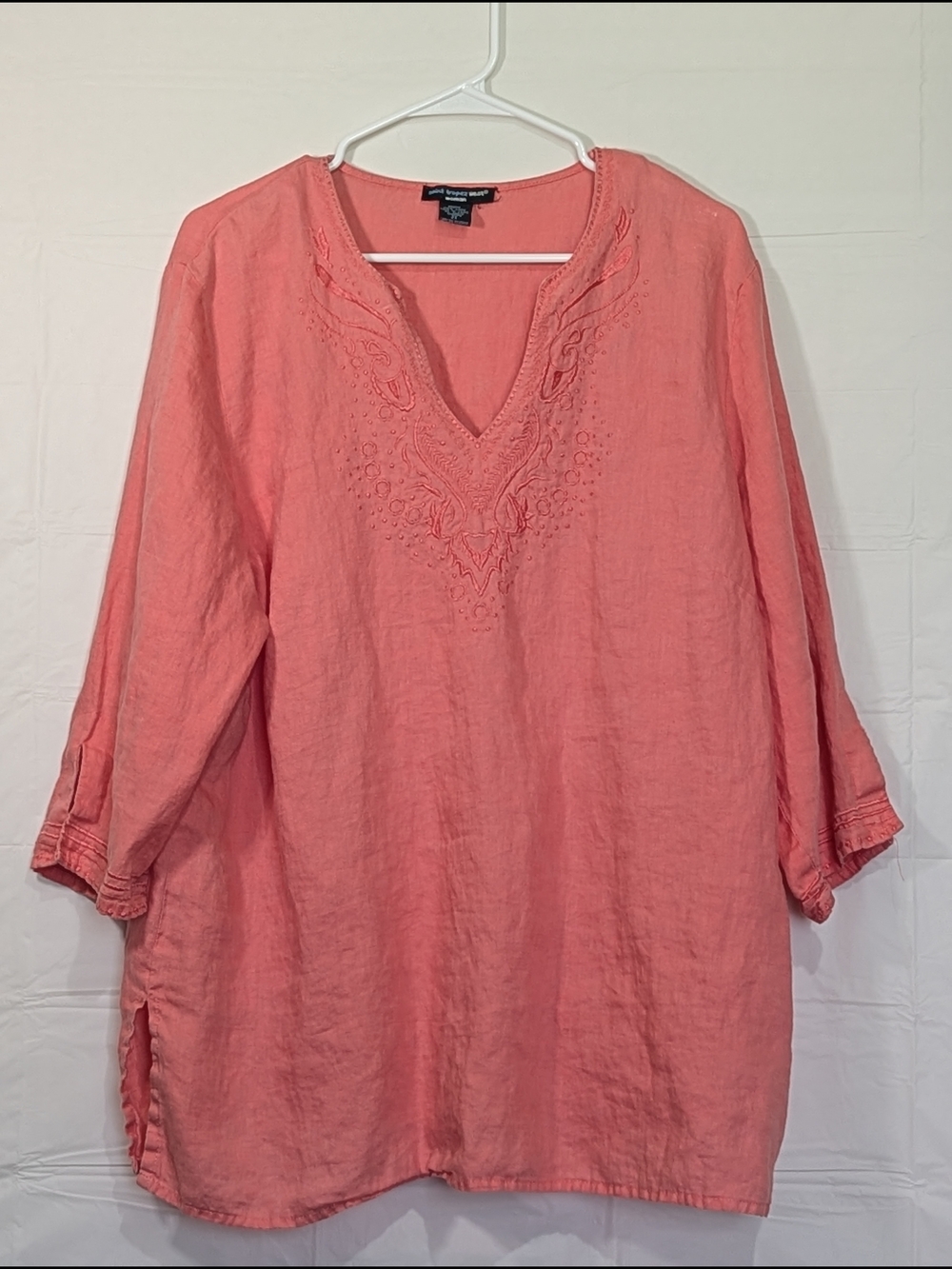 Saint Tropez West Linen Tunic Top Womens 2X Coral Embroidered Boho 3/4 Sleeve